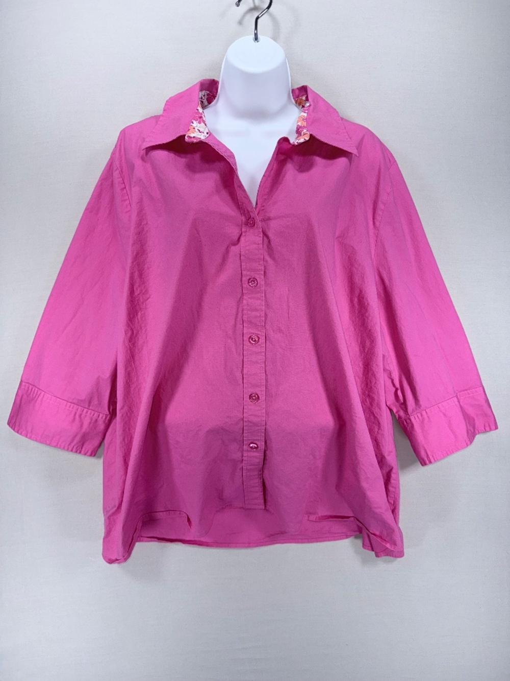 Kim Rogers Woman 3X Pink Button Up Blouse Floral Collar Cuffs Cotton Stretch